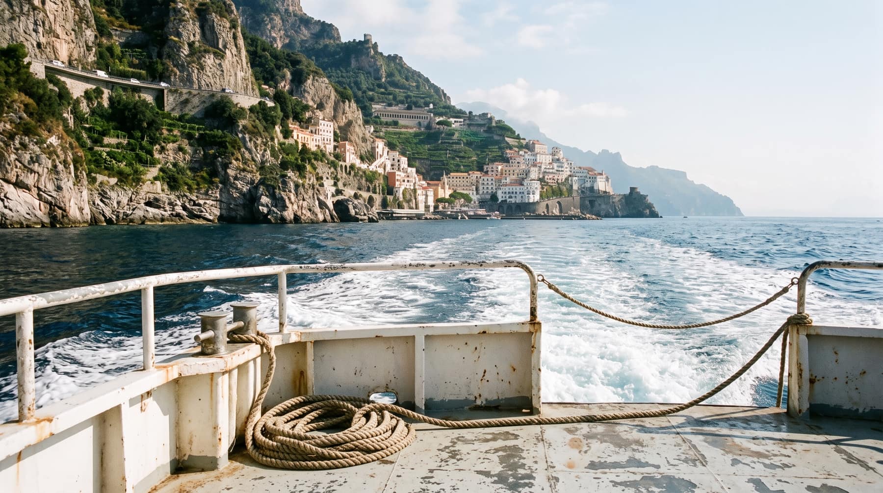 The stern deck of a small ferry with a rusted white rail and a coiled rope, its wake leading back to a cliffside town of pastel houses under terraced hillsides, the coast road cut into the rock above