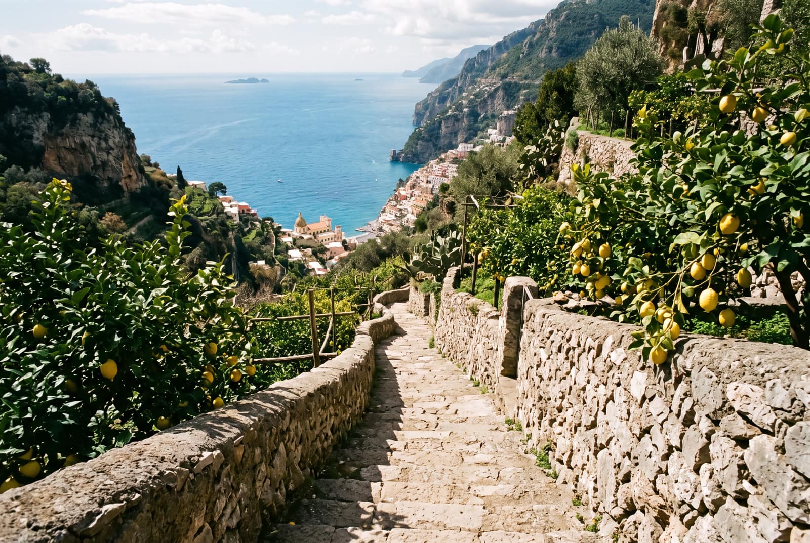 A steep old stone staircase descending between dry-stone walls and lemon trees heavy with fruit, a coastal town and blue sea far below
