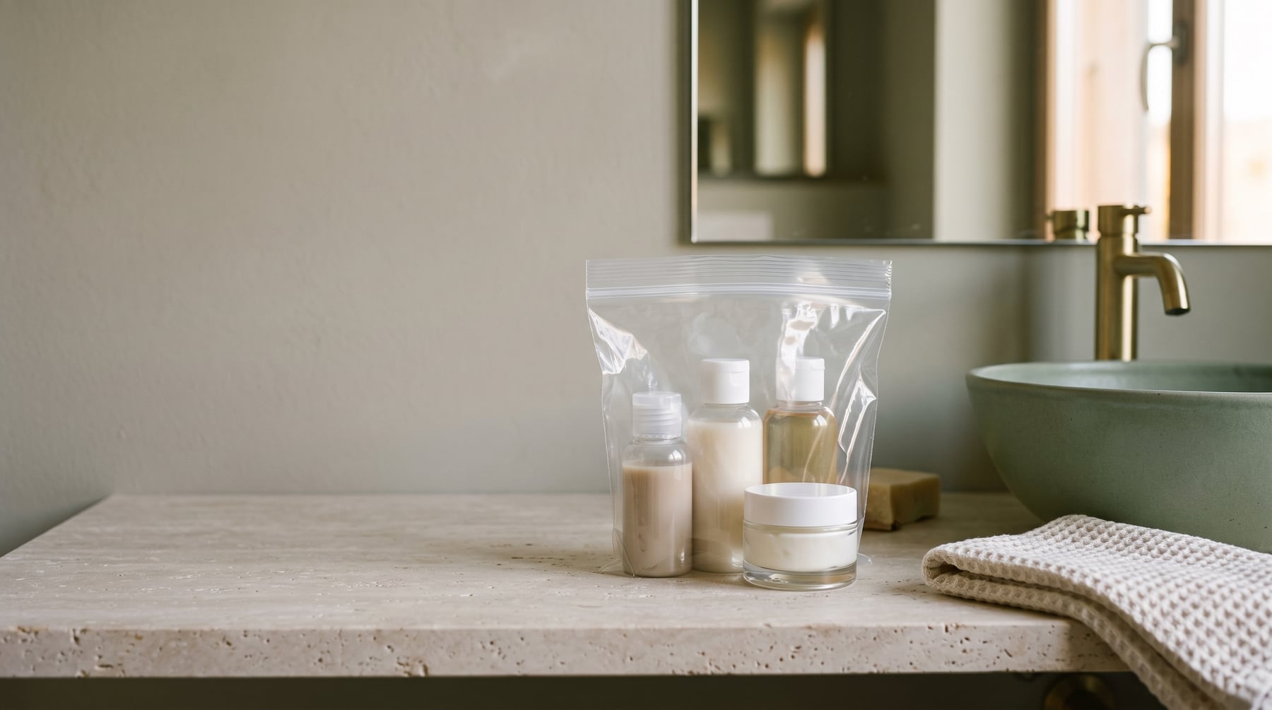 A clear zip-top bag of small unlabelled travel bottles on a pale stone bathroom shelf