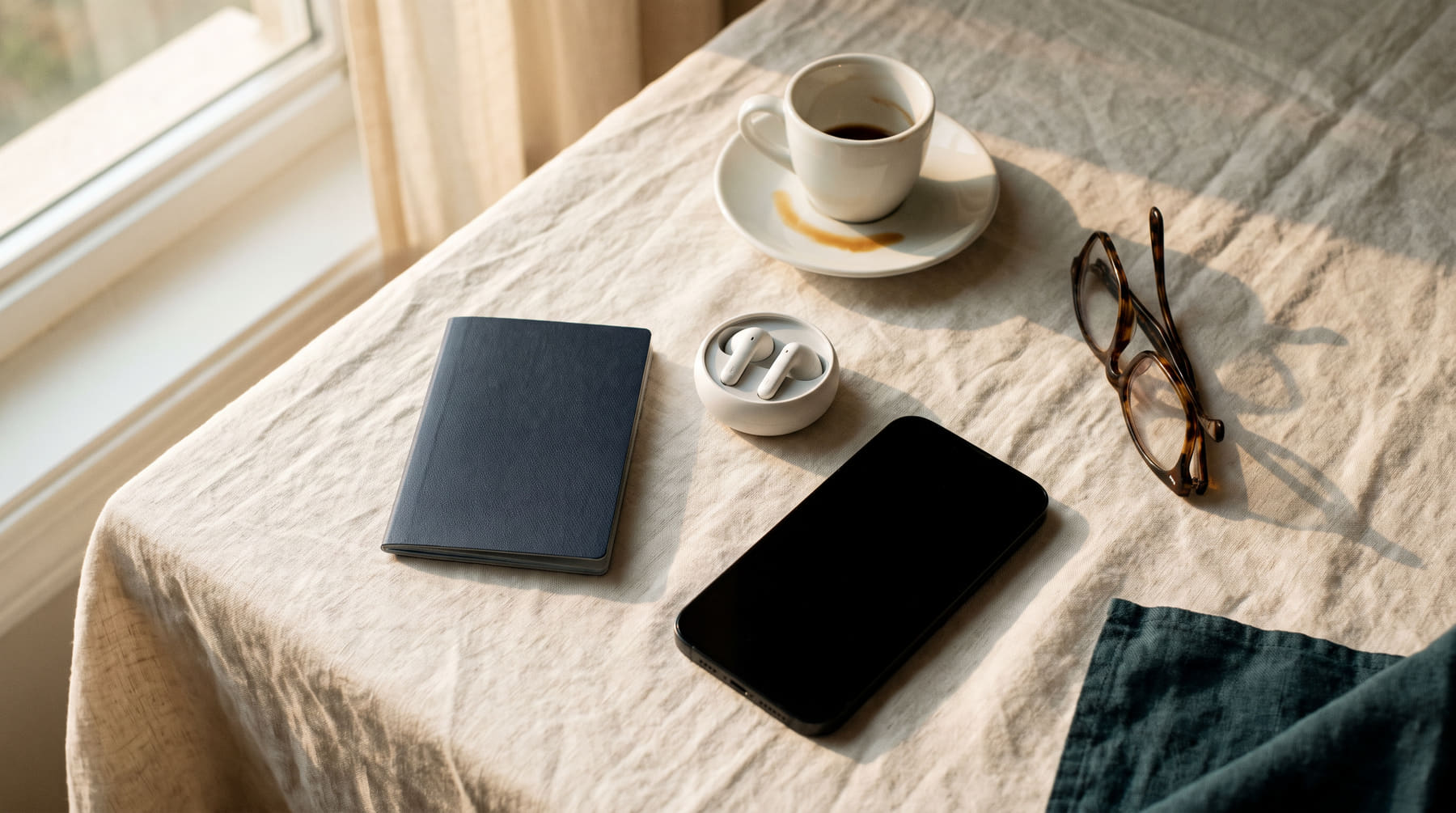 A phone with a dark screen, a plain passport wallet, earbuds and an espresso on a linen table in morning light