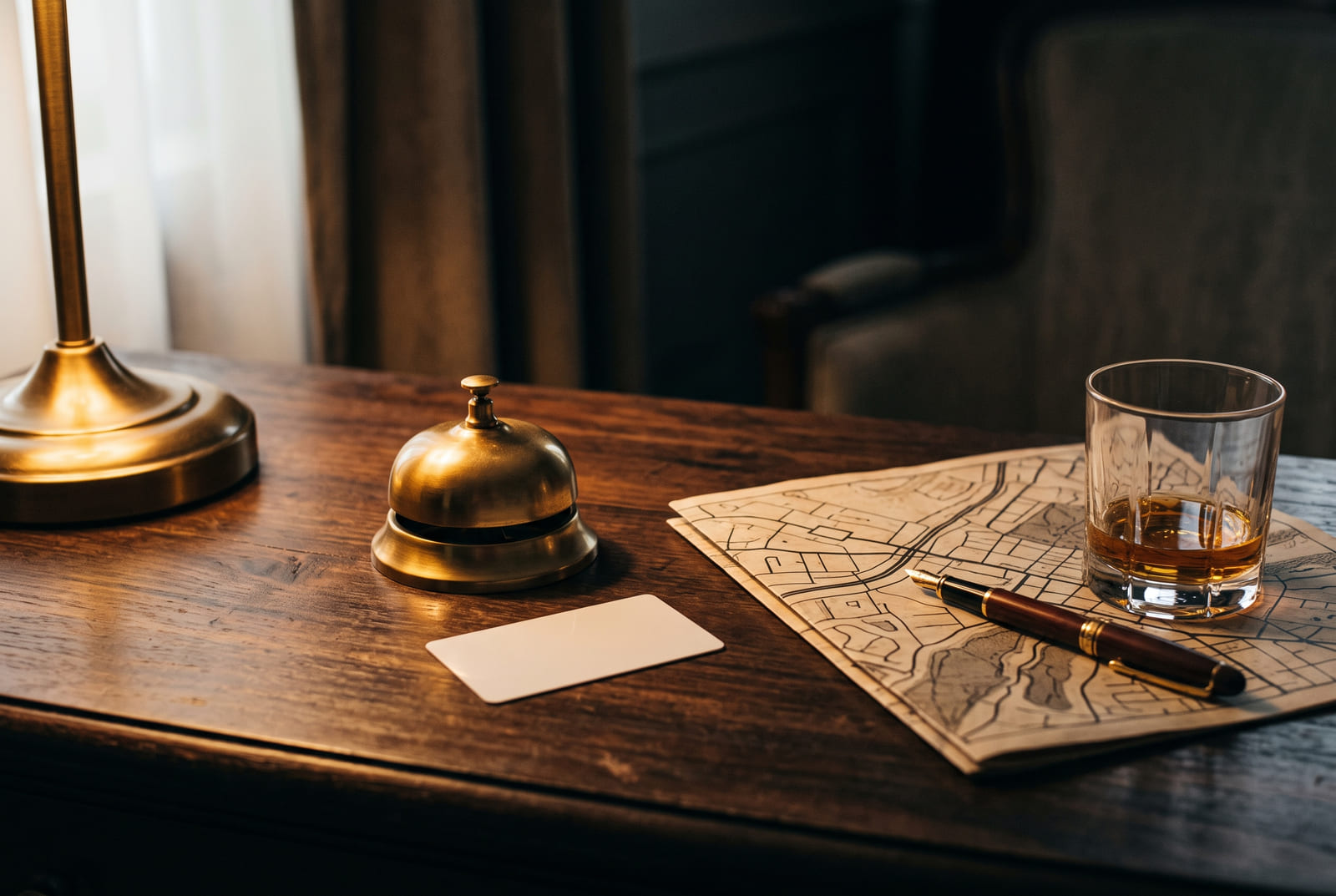 A brass desk bell, blank keycard, folded map and fountain pen on a dark wooden hotel desk under warm lamplight