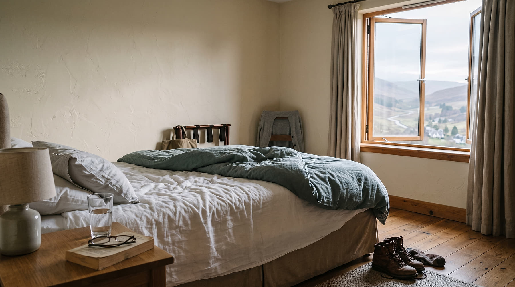 A quiet room with an unmade bed, a glass of water on the nightstand and a window standing open onto grey morning light