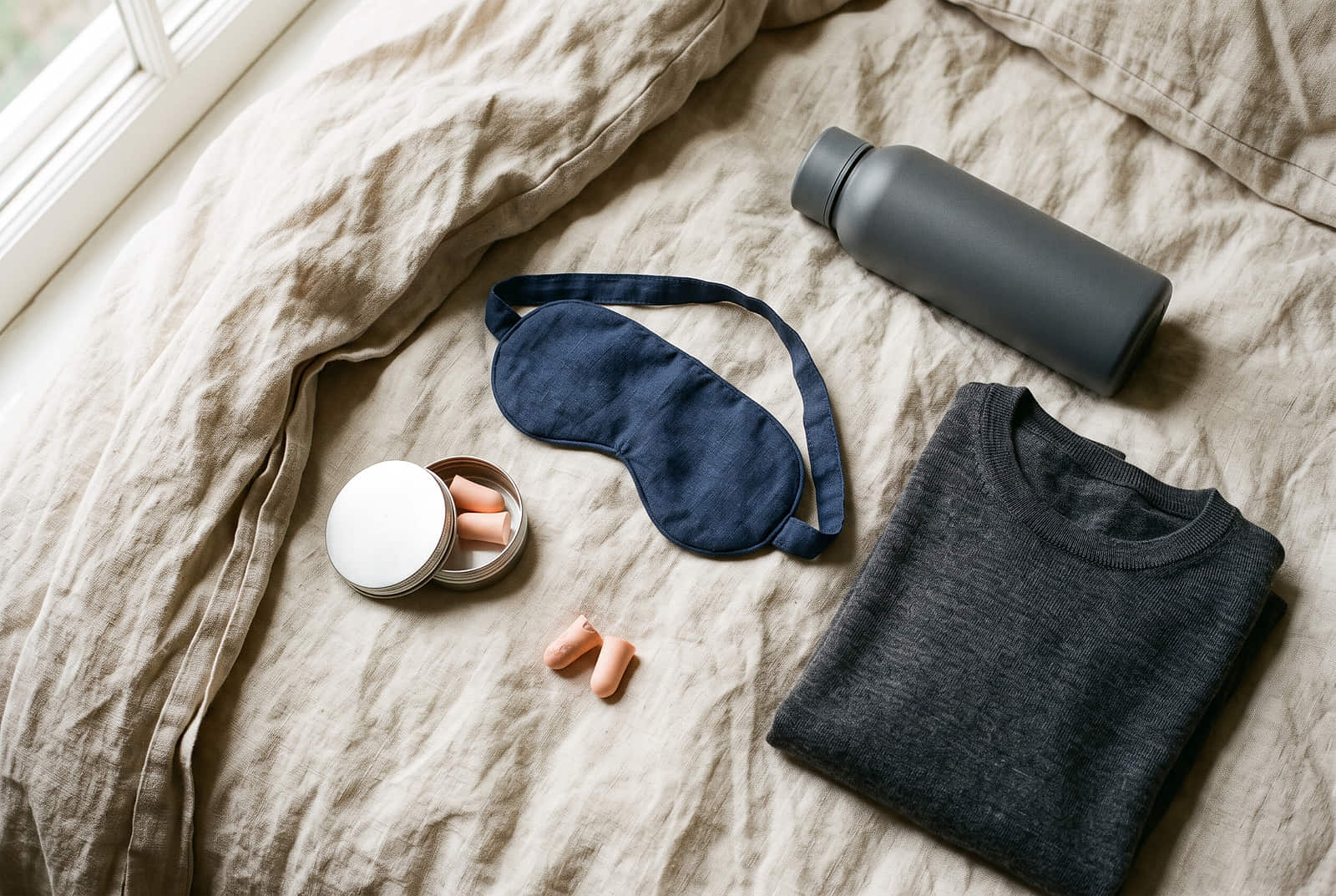 An eye mask, a small tin of earplugs, a folded merino layer and a plain water bottle laid out on a rumpled linen bedcover