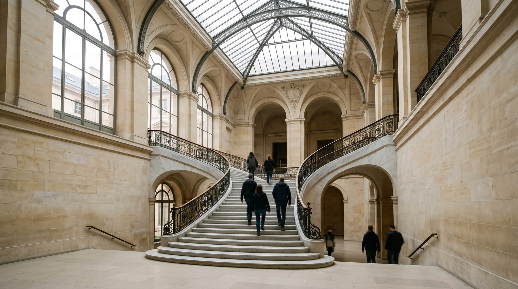 A grand museum staircase under a glass skylight