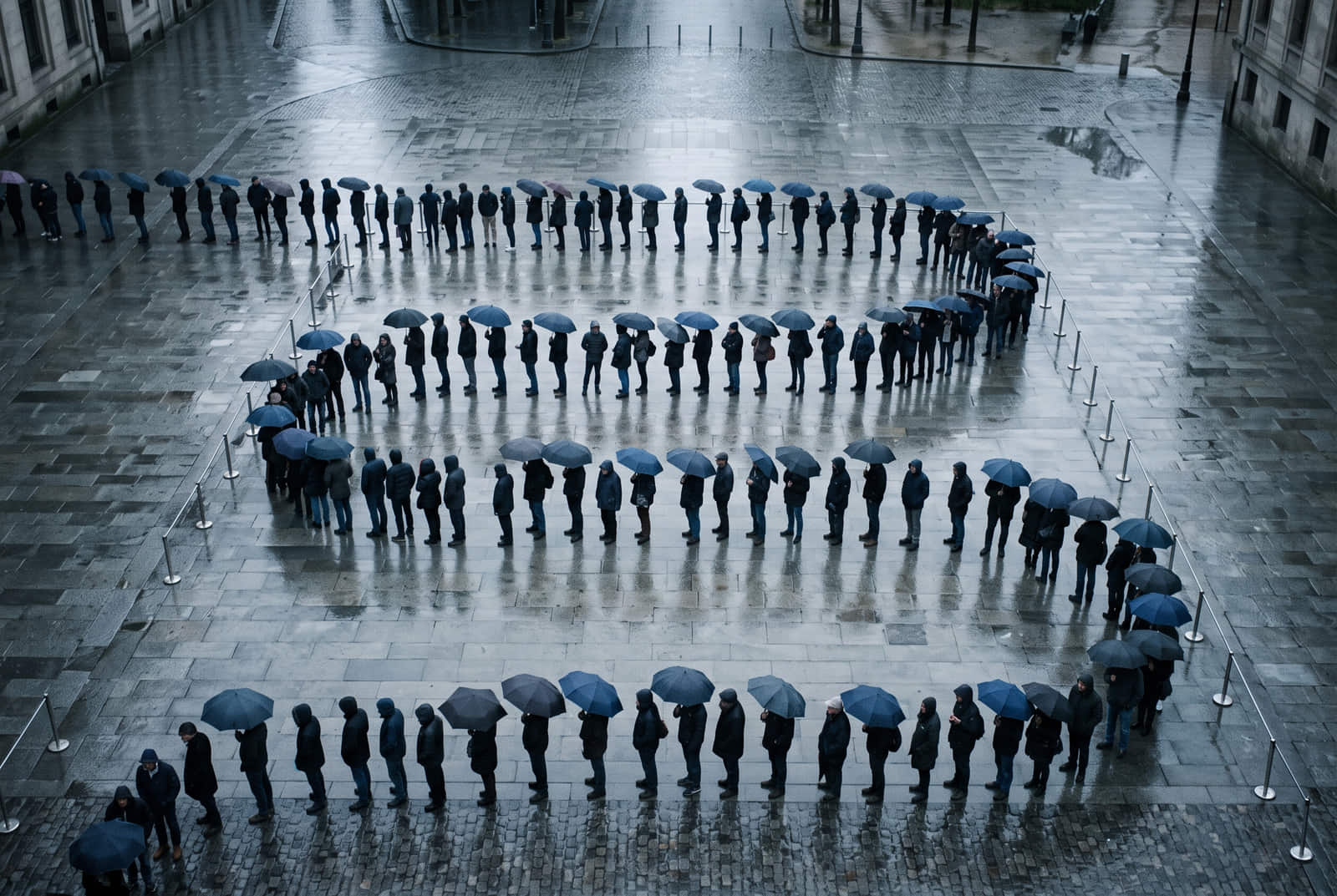 Seen from high above, a long queue of people with umbrellas snakes back and forth between barrier posts across a wet stone plaza