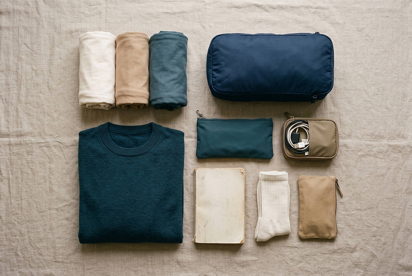 The full contents of a small backpack laid out in a neat grid on linen: rolled t-shirts, a folded merino sweater, a packing cube, a toiletry pouch, a cable case, socks and a paperback