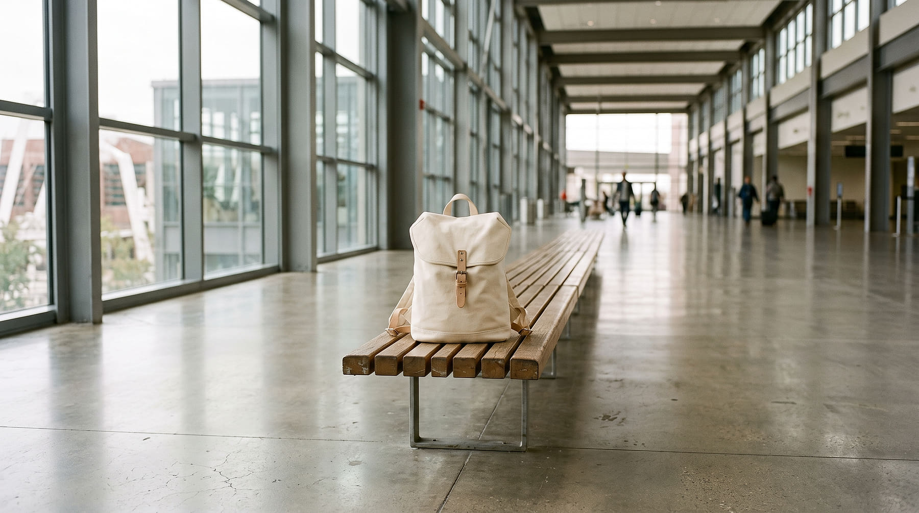 A small plain canvas backpack alone on a wooden bench in a light-filled transit hall