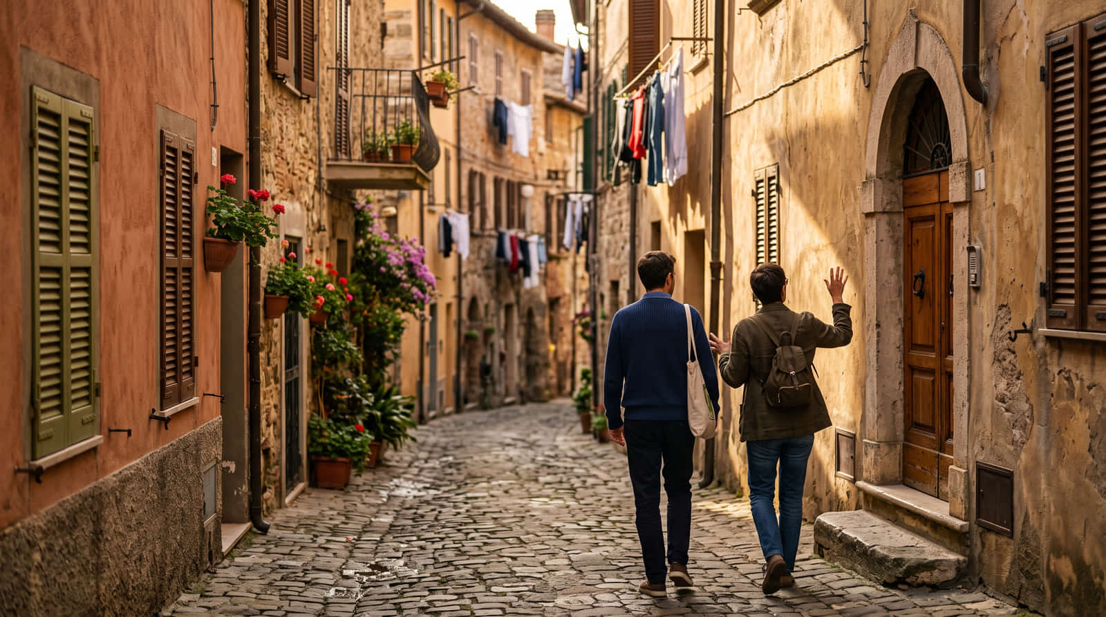 Two people walking away down a narrow cobbled lane in late afternoon light