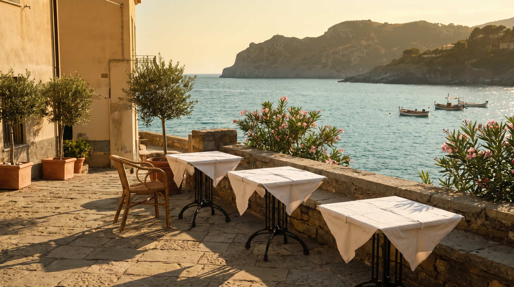 An almost empty stone terrace above a Mediterranean bay in September light