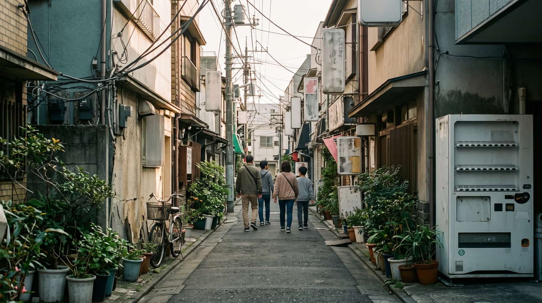 Four people walking away down a narrow Tokyo back lane in morning light, under tangled overhead cables, past potted plants and a vending machine