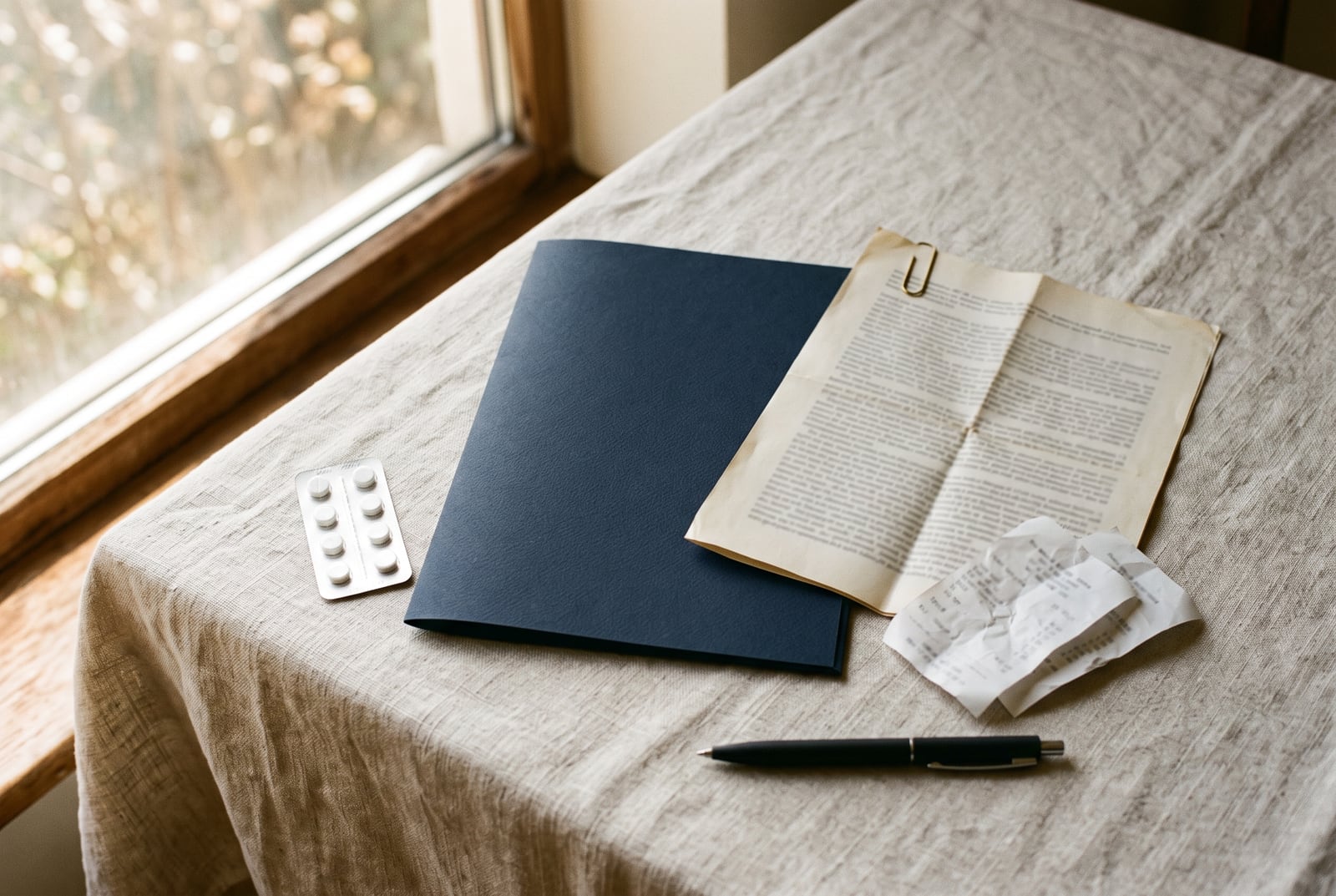 A plain navy document wallet, a folded printed page held by a brass paperclip, two crumpled receipts and a blister strip of tablets laid out on pale linen in window light