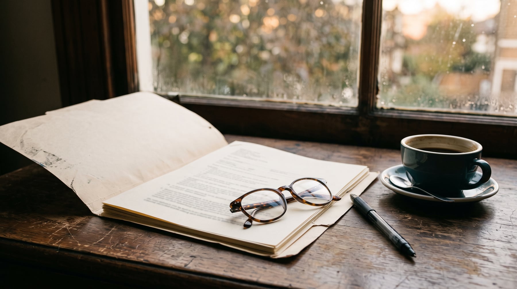 An open folder of printed pages with reading glasses resting on top, a pen and a cup of black coffee on a worn wooden desk beside a rain-marked window